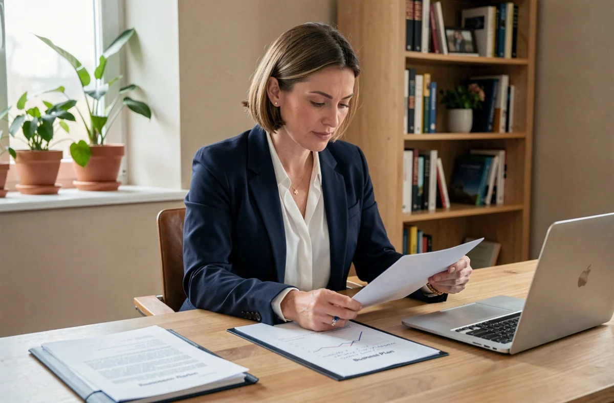 Femme professionnelle préparant son rendez-vous d'affaires avec des documents et un business plan organisé sur son bureau