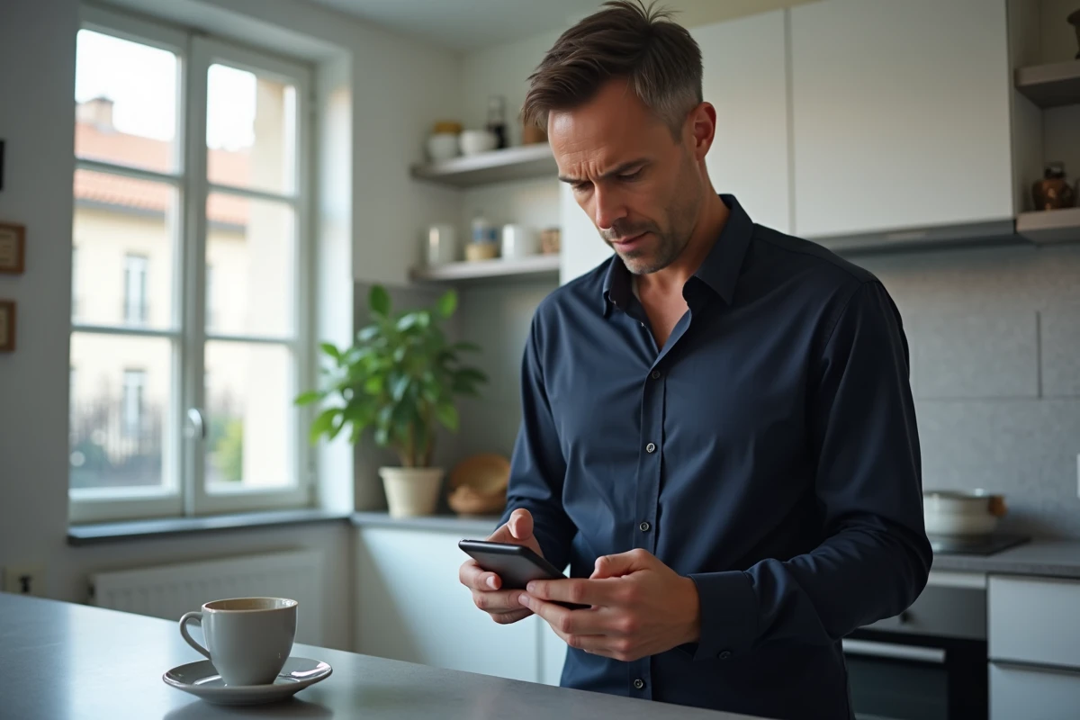 Homme consultant son smartphone pour résoudre un problème de validation de compte PIXID dans une cuisine moderne