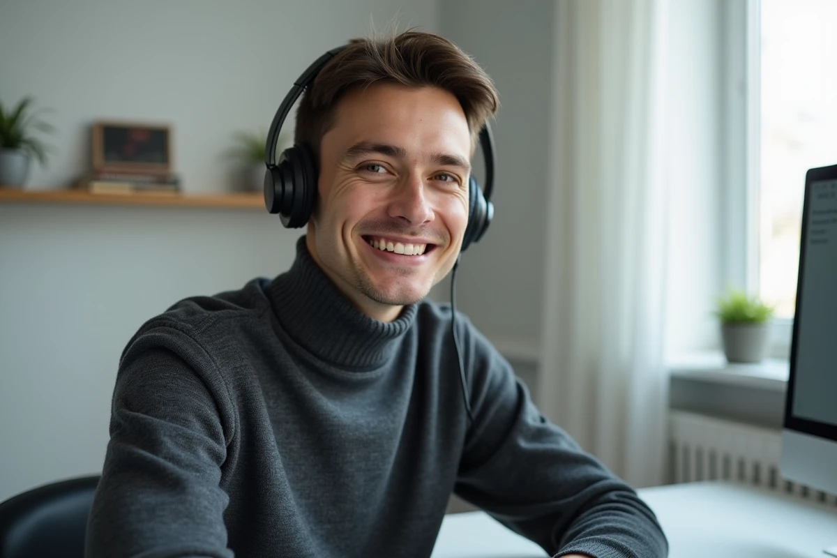 Jeune professionnel avec casque téléphonique en télétravail adoptant une technique de prise de contact percutante