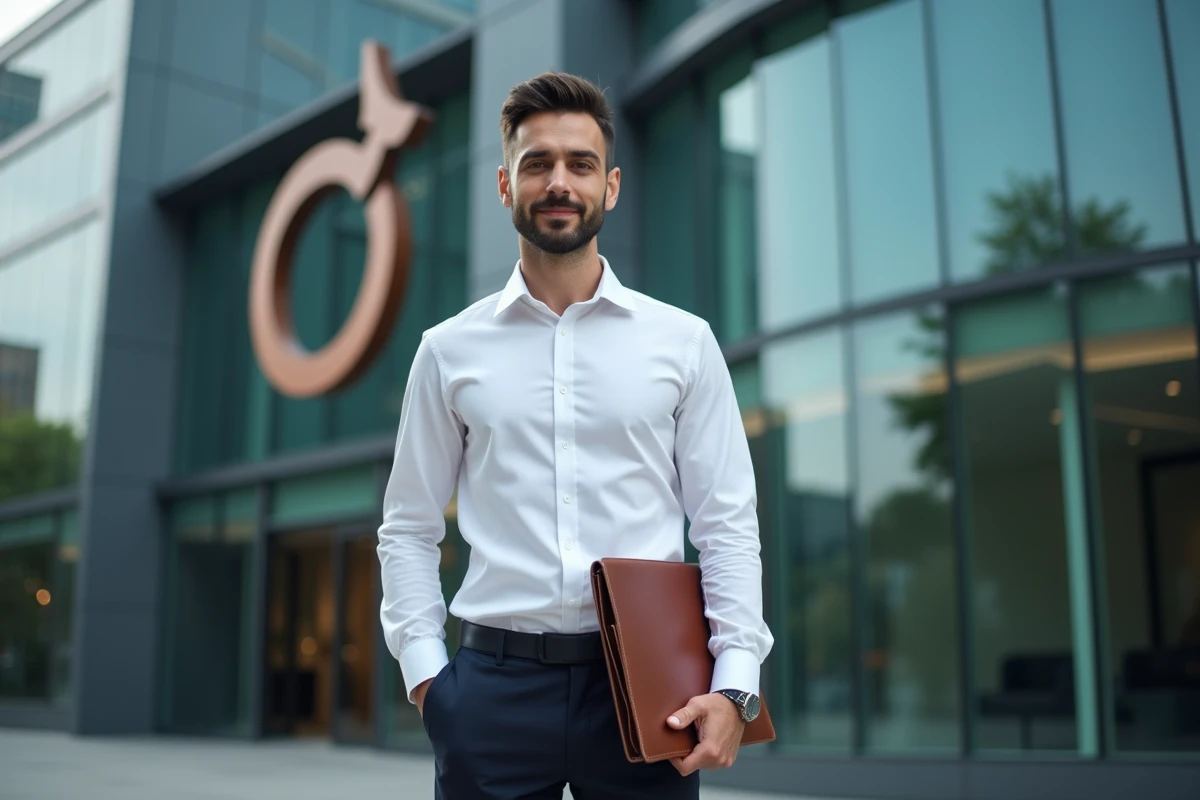 Jeune professionnel devant le siège d'un cabinet Big 4 tenant un portfolio, illustrant les perspectives de carrière internationale