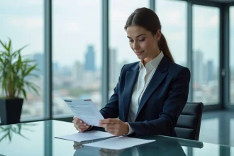 Professionnelle en cabinet comptable Big 4 examinant un CV dans un bureau moderne avec vue sur la ville
