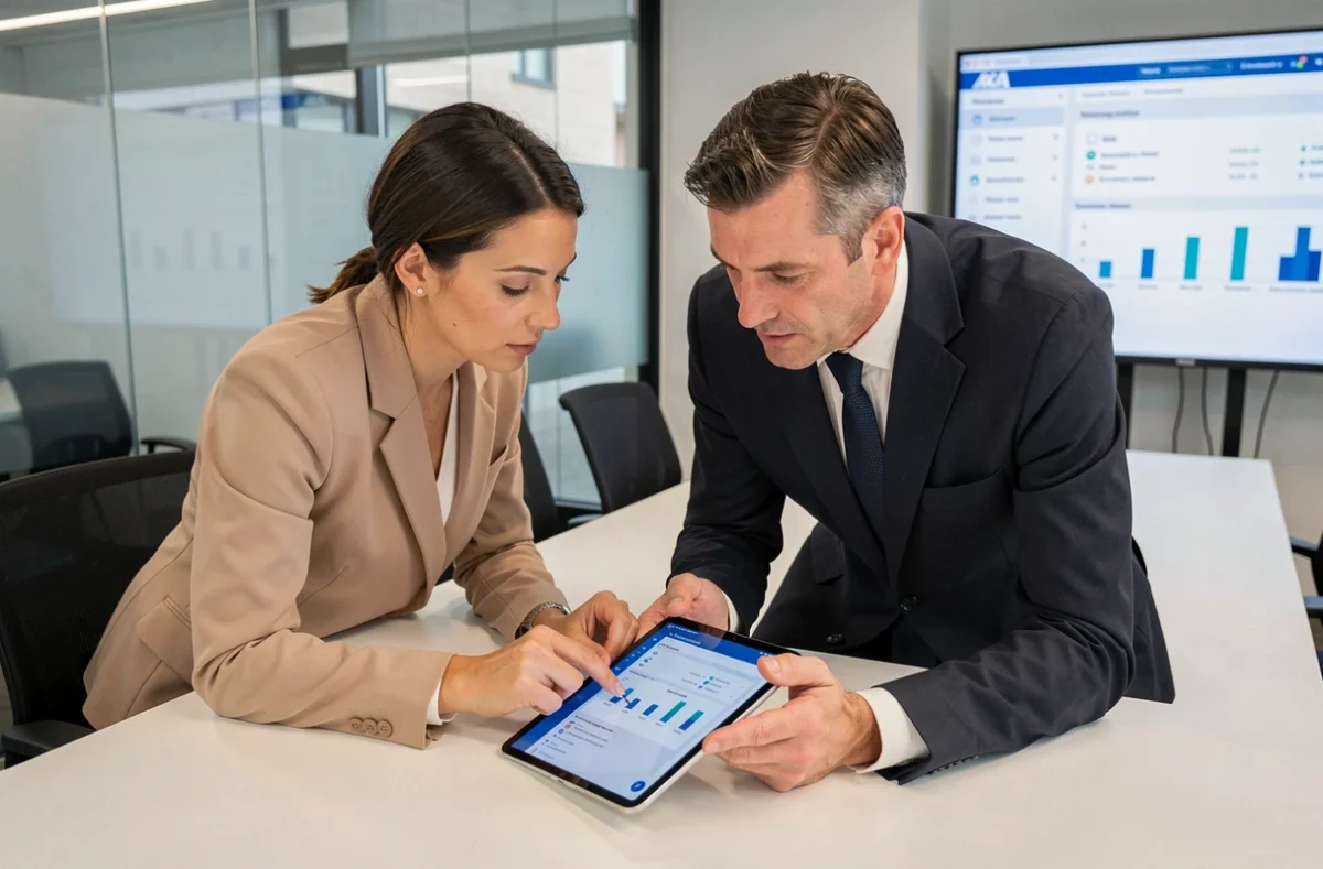 Deux professionnels de l'assurance consultant un extranet de courtage AXA sur tablette en salle de réunion