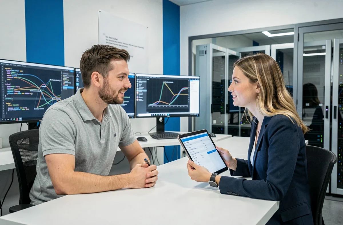Recruteuse technique de Randstad Professional en entretien avec un ingénieur IT dans un bureau technologique de l'Hérault