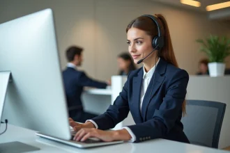 Réceptionniste professionnelle avec casque téléphonique gérant un agenda de rendez-vous en ligne au bureau