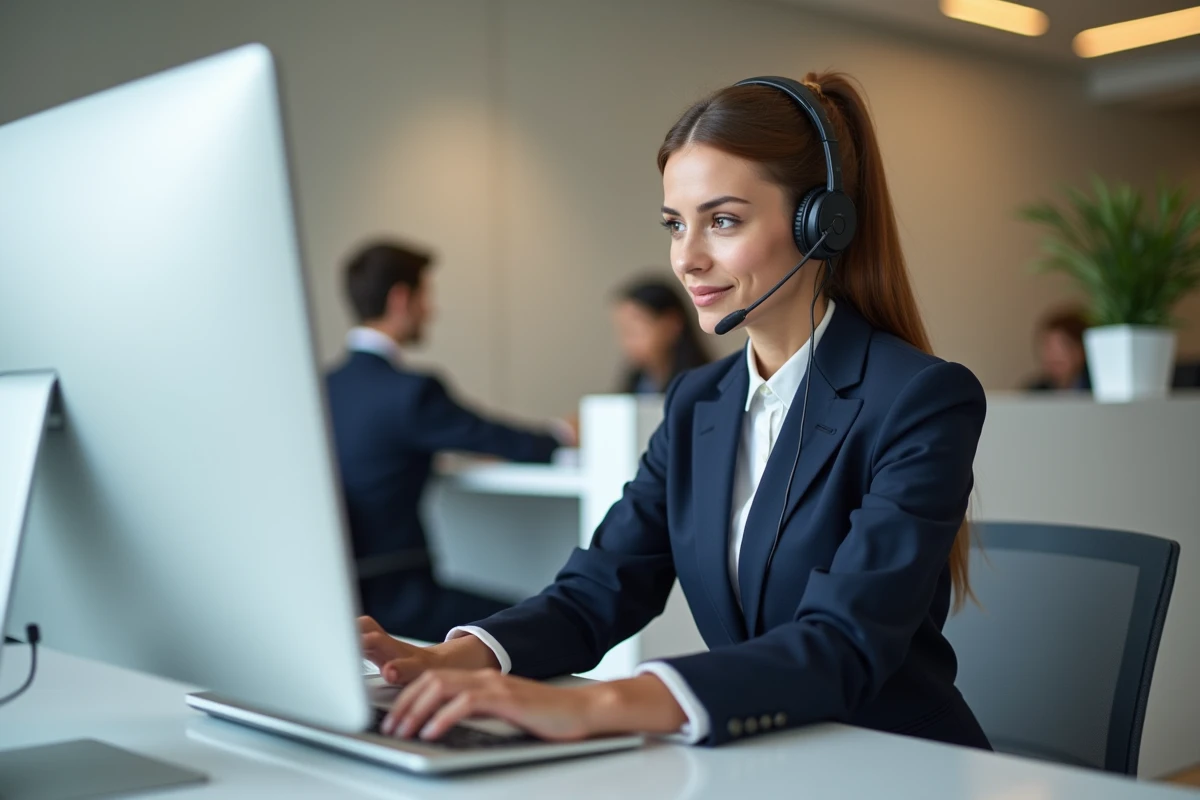Réceptionniste professionnelle avec casque téléphonique gérant un agenda de rendez-vous en ligne au bureau