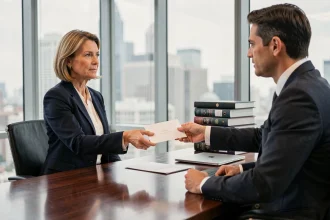 Femme professionnelle remettant une lettre en main propre à un collègue dans un bureau d'entreprise formel