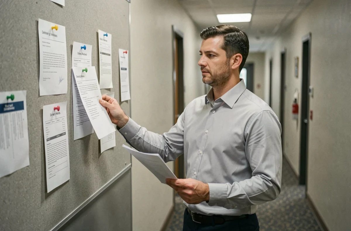 Responsable affichant une note de service sur un tableau d'affichage dans un couloir de bureau