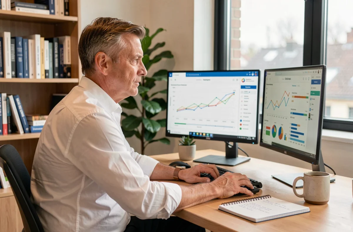 Responsable commercial B2B consultant un tableau de bord de réseau de partenaires sur deux écrans de bureau