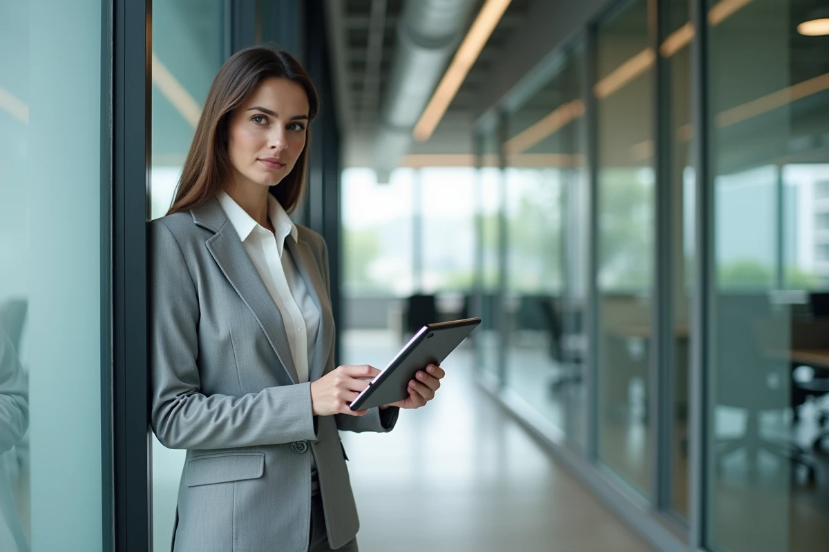 Responsable d'équipe debout dans un couloir d'entreprise consultant l'application Alis BNPP sur tablette pour suivre les demandes RH