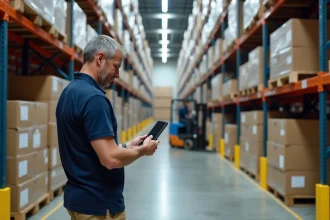 Responsable logistique consultant une tablette dans un entrepôt Kuehne+Nagel avec des étagères remplies de palettes
