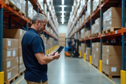 Responsable logistique consultant une tablette dans un entrepôt Kuehne+Nagel avec des étagères remplies de palettes