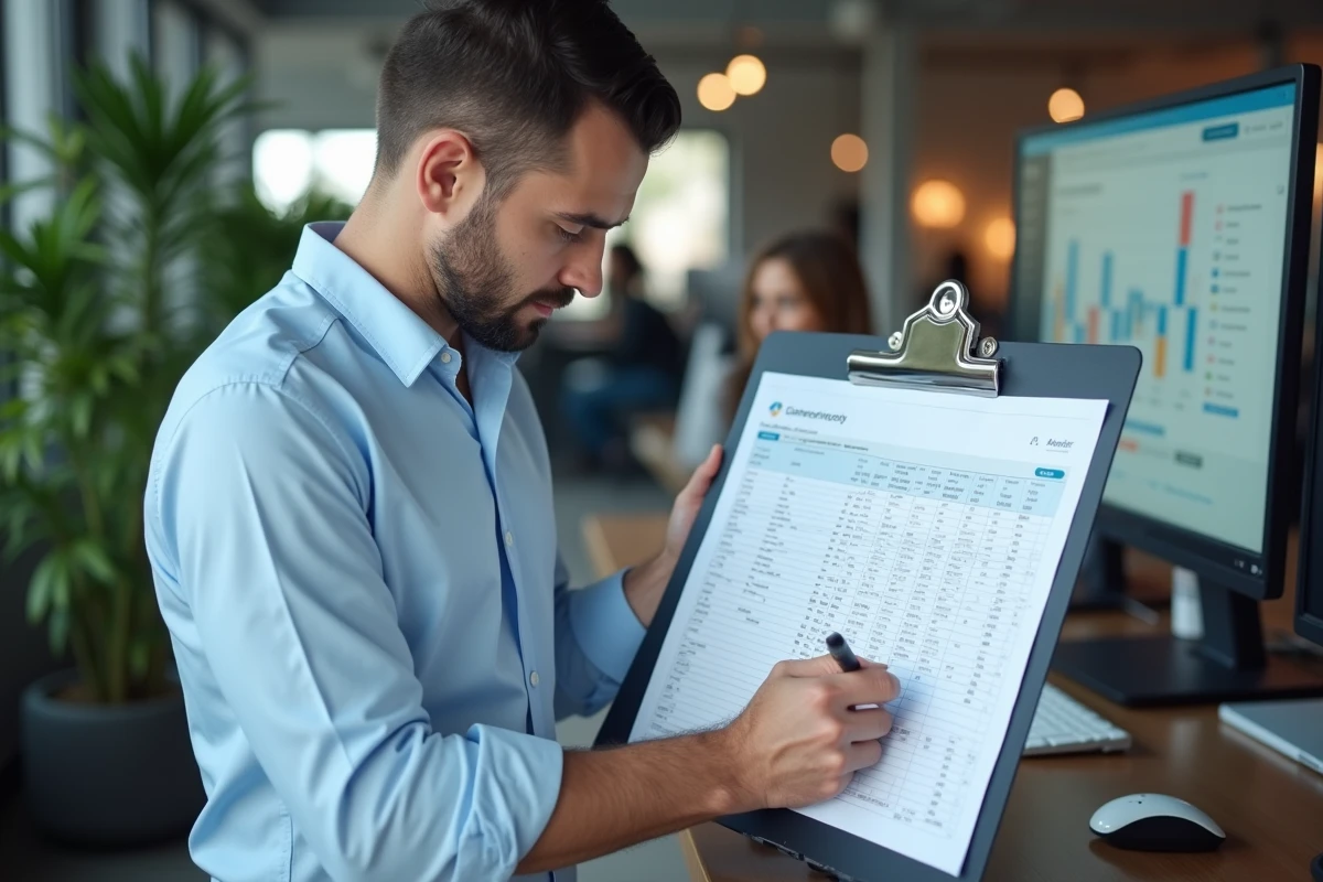 Responsable RH analysant un relevé d'heures de travail sur presse-papiers avec tableau de bord de paie visible en arrière-plan