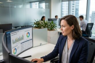Responsable RH utilisant un logiciel de gestion des formations professionnelles sur ordinateur dans un bureau moderne