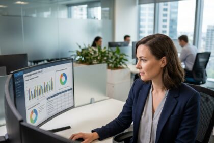 Responsable RH utilisant un logiciel de gestion des formations professionnelles sur ordinateur dans un bureau moderne