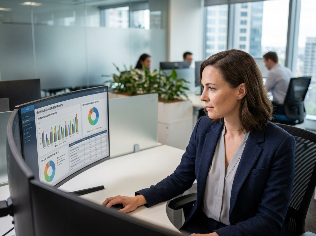 Responsable RH utilisant un logiciel de gestion des formations professionnelles sur ordinateur dans un bureau moderne
