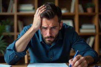 Homme stressé examinant un devis signé avec acompte à son bureau, cherchant à se rétracter d'un contrat