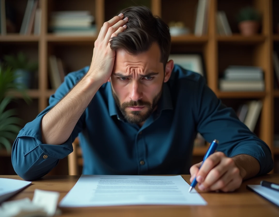 Homme stressé examinant un devis signé avec acompte à son bureau, cherchant à se rétracter d'un contrat