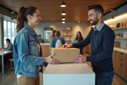 Jeune femme recevant un colis à Lyon 8 dans un espace moderne