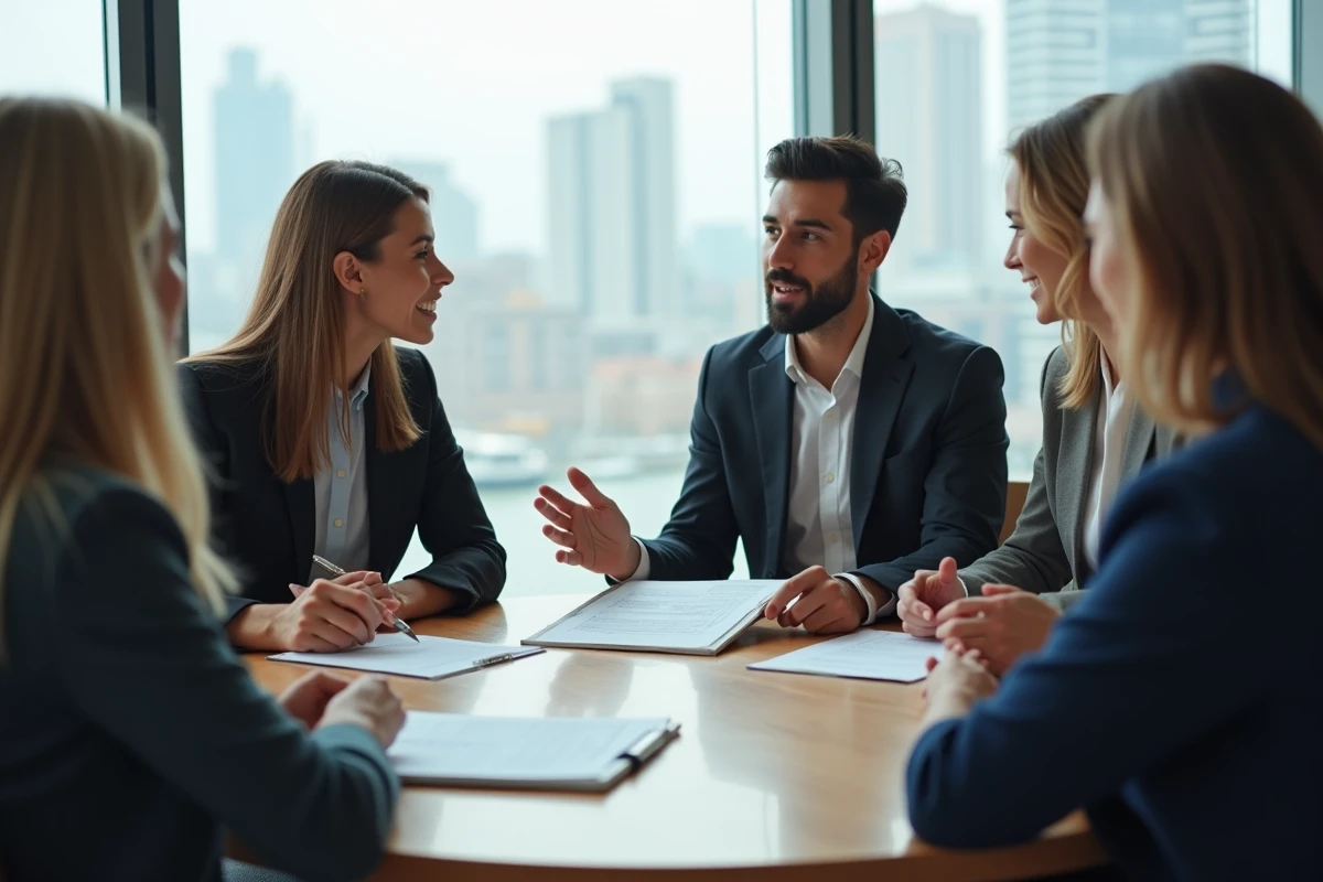 Équipe de professionnels en réunion autour d'une table discutant des modes de communication interne en entreprise