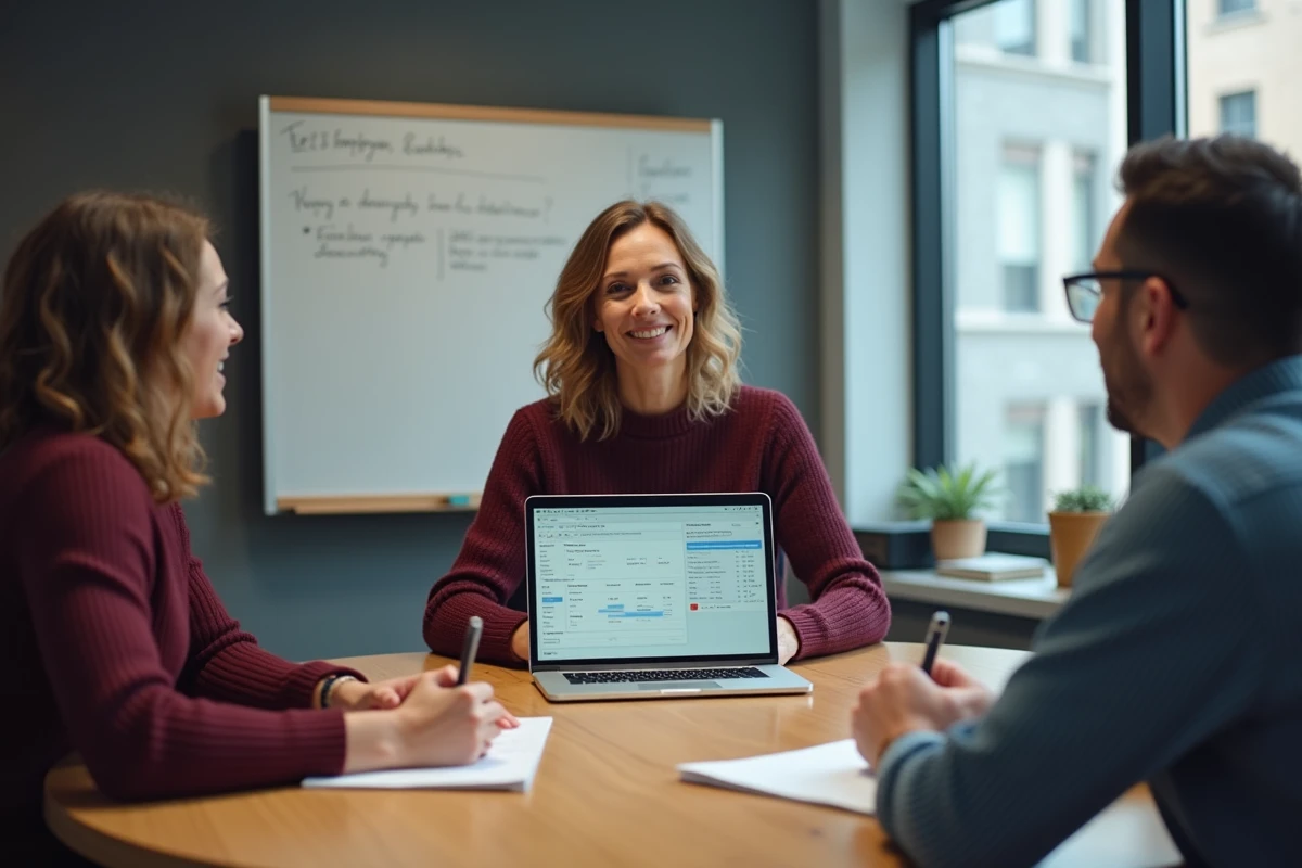 Réunion d'équipe RH autour d'un ordinateur portable affichant l'interface Alis BNPP pour la gestion et validation des demandes des collaborateurs