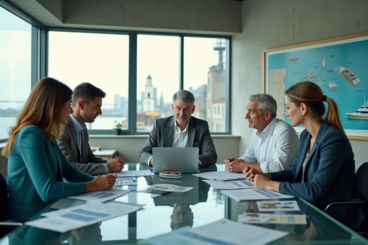 Réunion professionnelle autour d'un projet de financement dans l'industrie nautique avec documents financiers et prototypes de bateaux sur une table de conférence