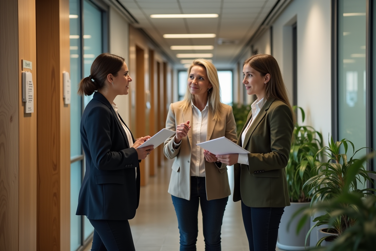 Trois collègues en discussion dans un couloir de bureau