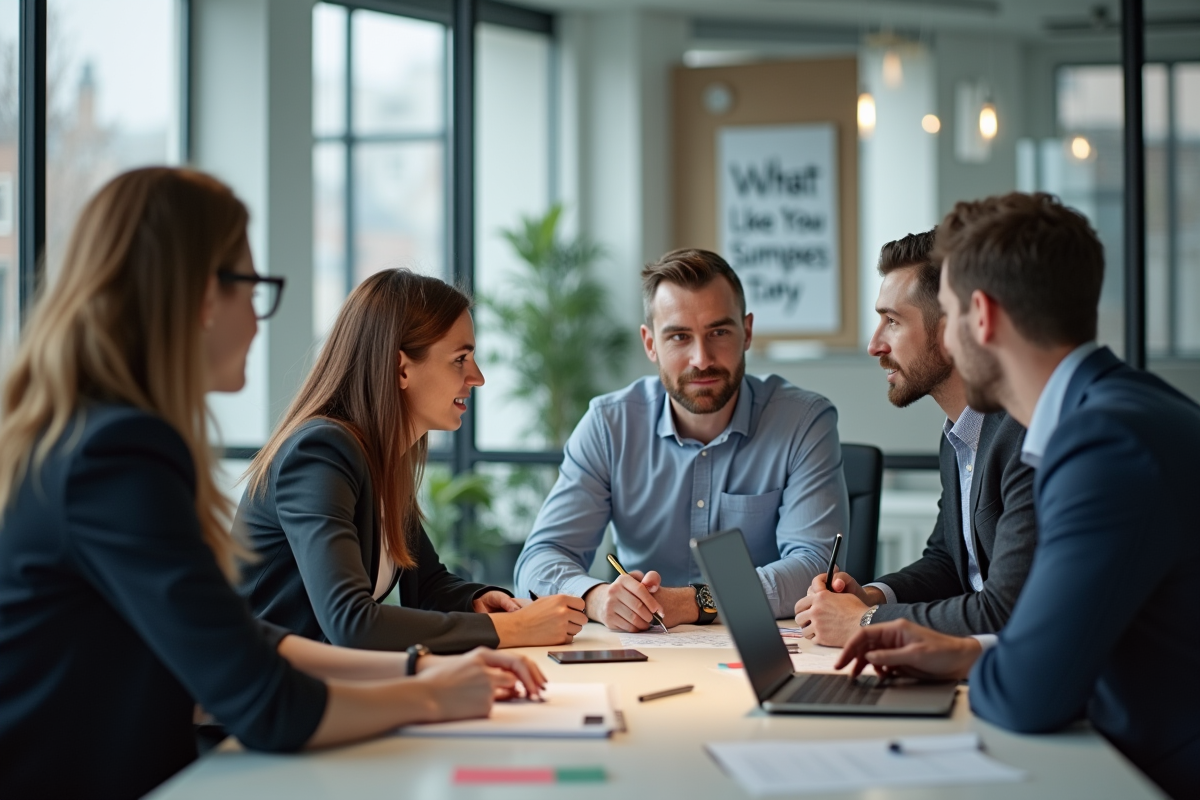Groupe de managers en réunion vidéo avec un spécialiste RH