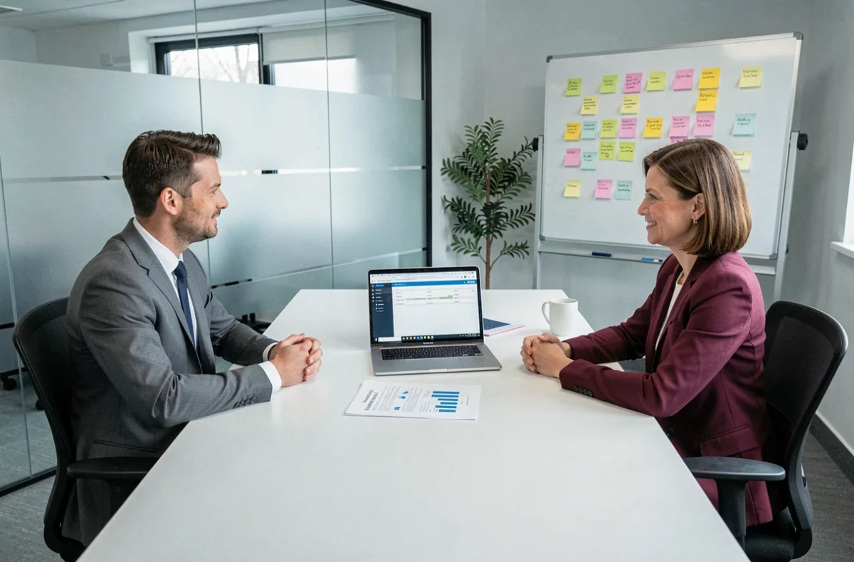 Deux commerciaux B2B en réunion de prospection avec tableau de bord CRM et rapport de vente