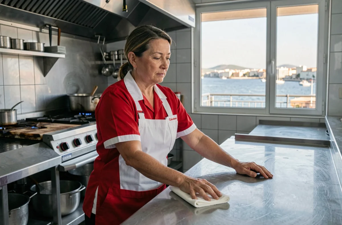 Agente de nettoyage Sabatier Nettoyage entretenant les surfaces inox d'une cuisine professionnelle à Marseille