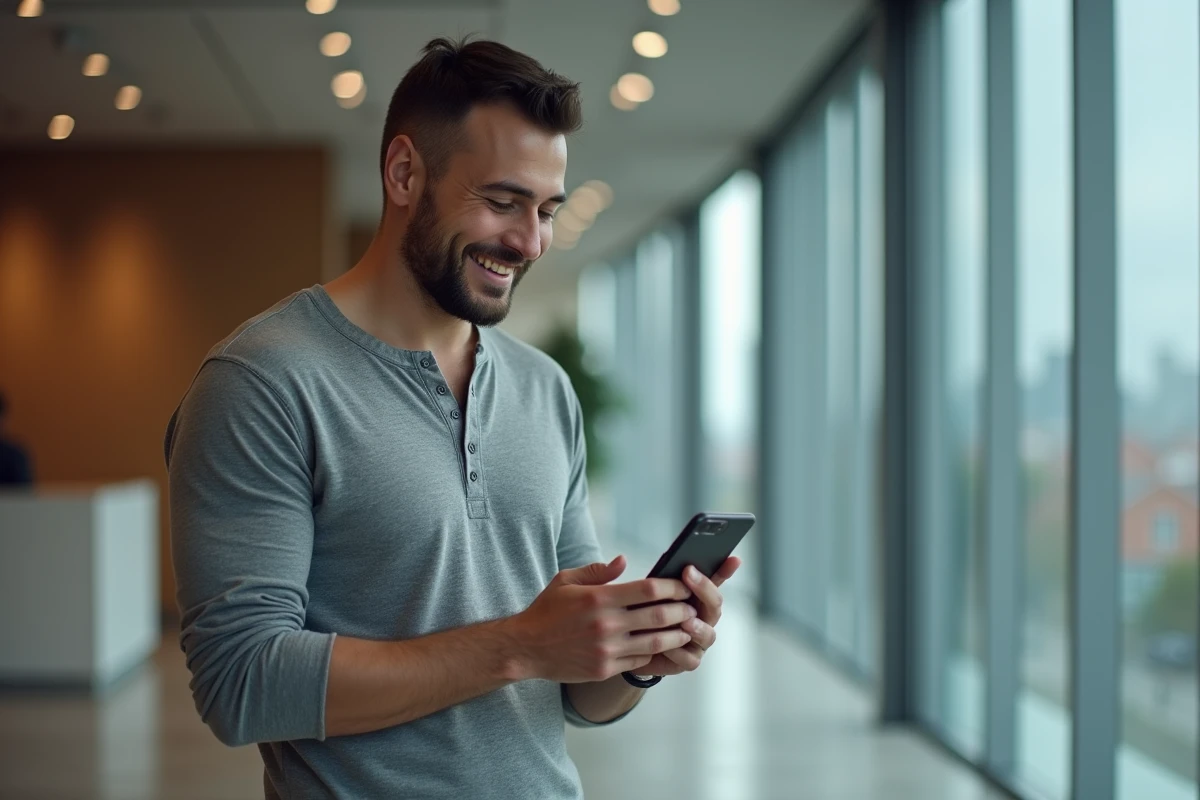 Salarié consultant ses e-tickets avantages billetterie sur smartphone dans le hall de son entreprise