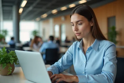 Salariée consultant la FAQ RH hrforyou sur son ordinateur portable dans un bureau moderne