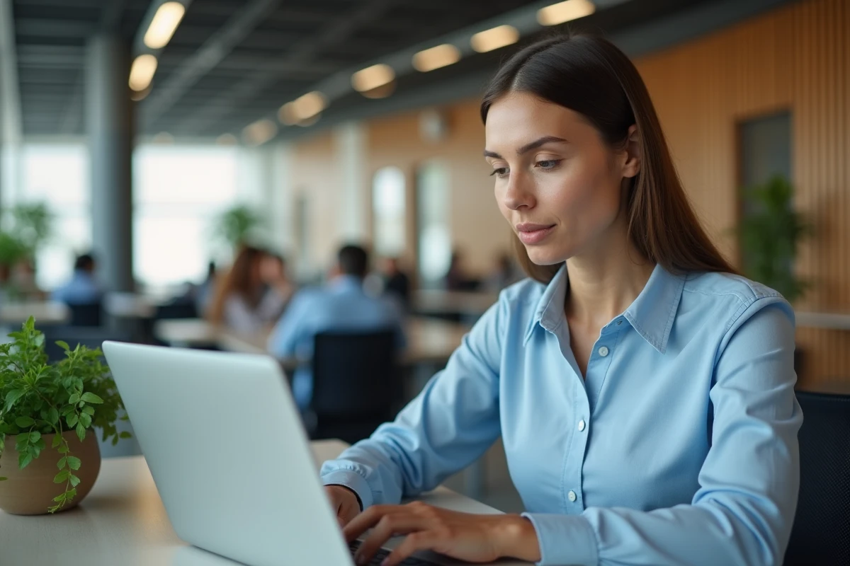 Salariée consultant la FAQ RH hrforyou sur son ordinateur portable dans un bureau moderne