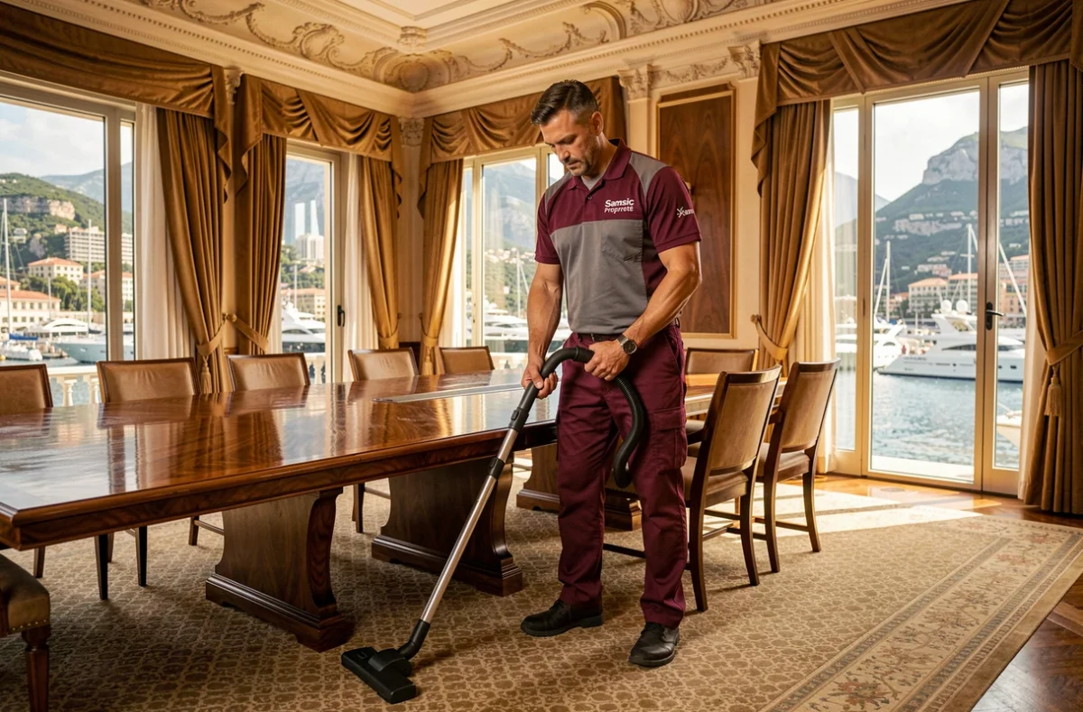 Agent Samsic Propreté aspirant la moquette d'une salle de conférence luxueuse avec vue sur le port de Monaco