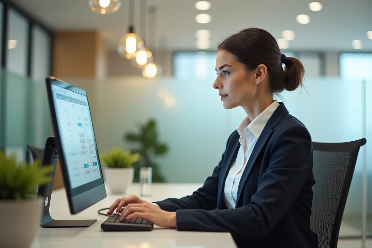 Secrétaire professionnelle utilisant un logiciel de prise de rendez-vous en ligne sur un ordinateur de bureau dans un espace de réception moderne
