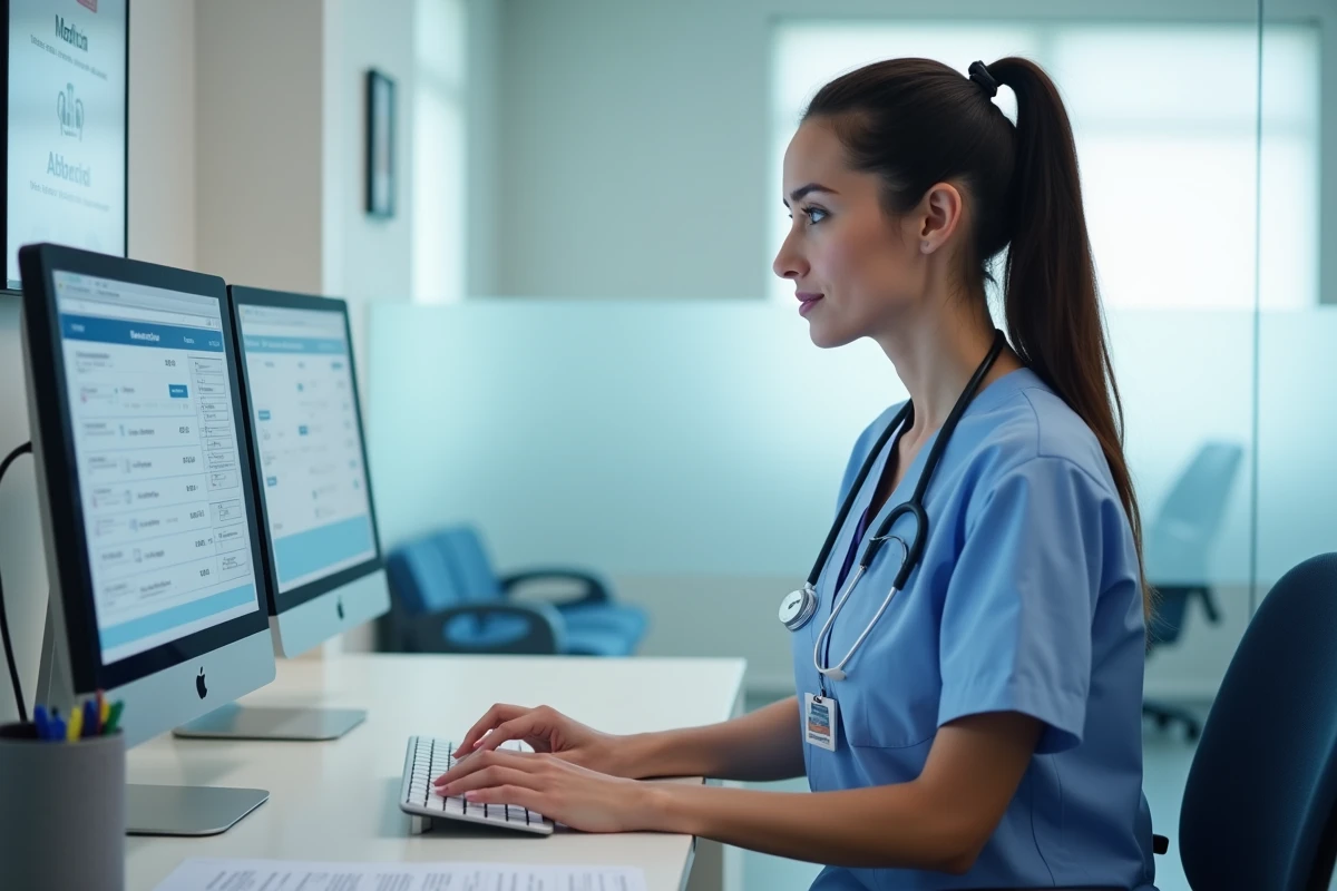 Secrétaire médicale gérant la prise de rendez-vous en ligne depuis le poste d'accueil d'une clinique