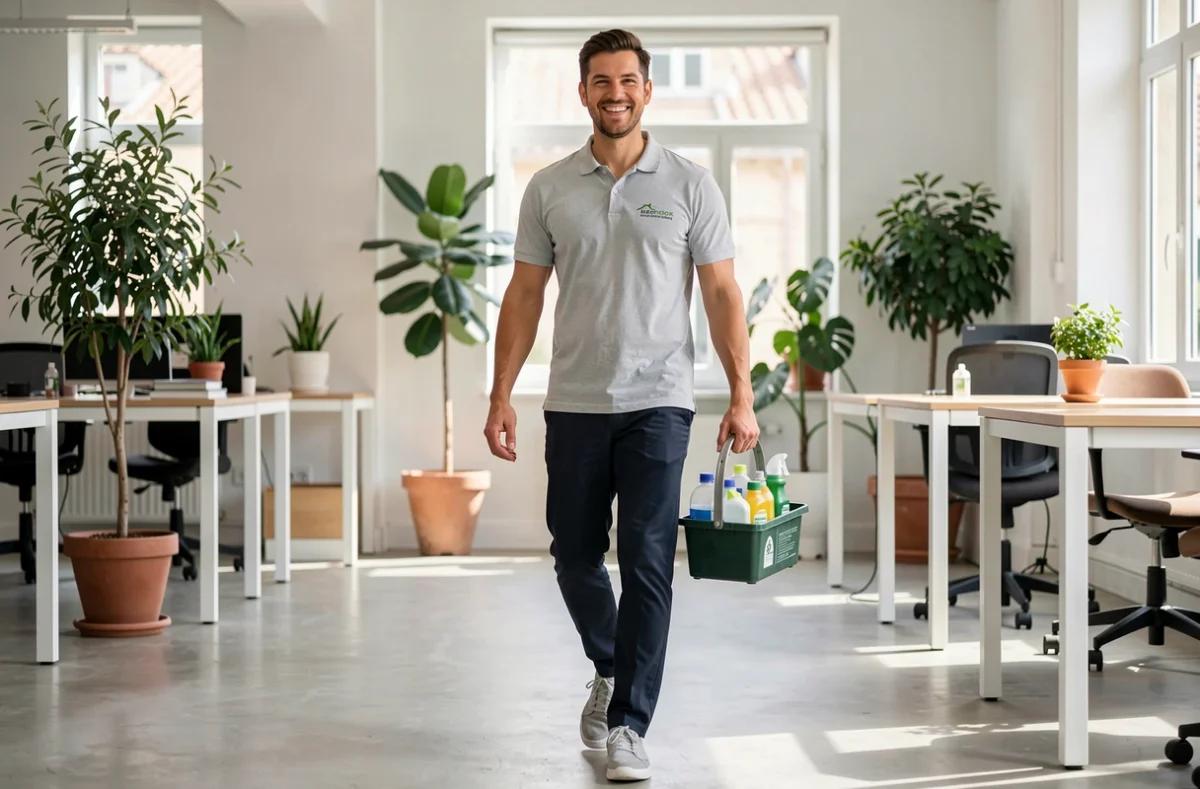 Agent de nettoyage Services Pro Bonhomme souriant avec caddy de produits écologiques dans un bureau