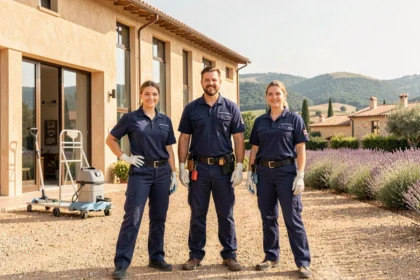 Équipe de nettoyage professionnelle en uniforme devant un bâtiment moderne en Provence-Alpes-Côte d'Azur