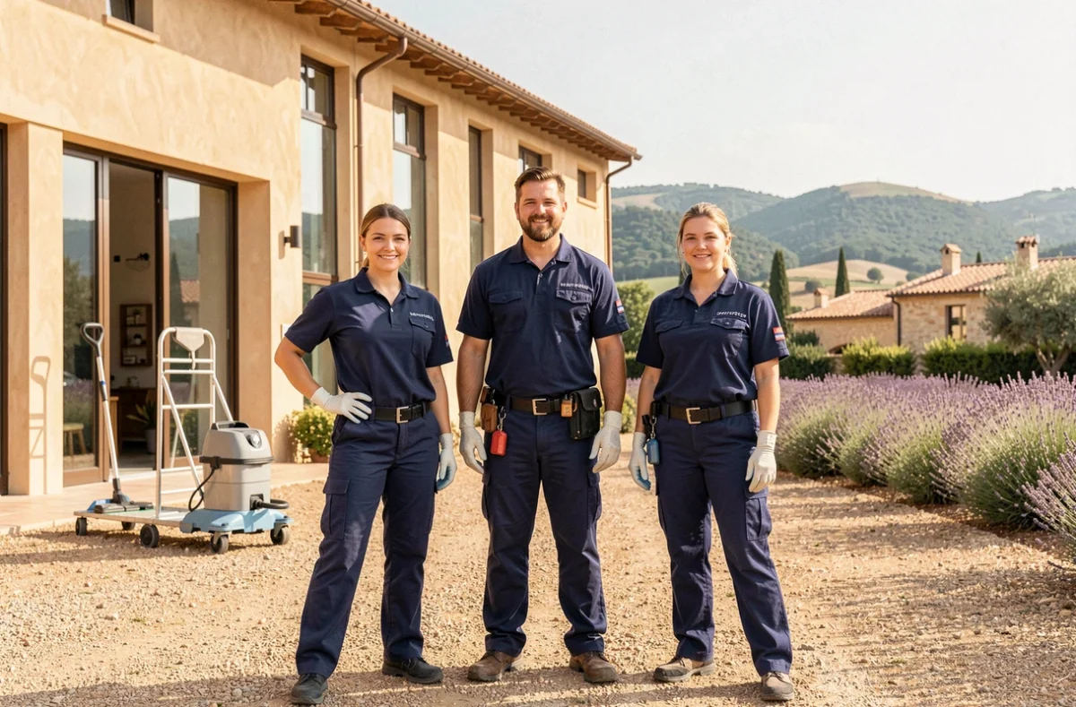 Équipe de nettoyage professionnelle en uniforme devant un bâtiment moderne en Provence-Alpes-Côte d'Azur