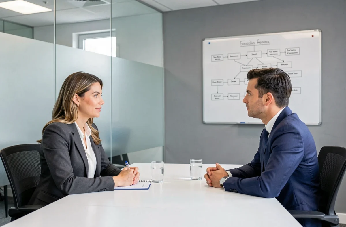 Consultante en recrutement de Talent Program menant un entretien structuré avec un cadre dans une salle de réunion épurée