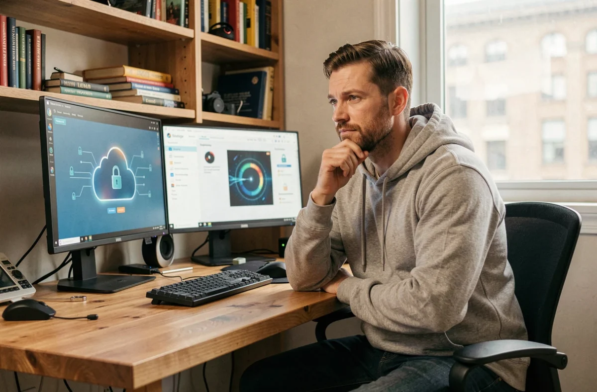 Homme travaillant à domicile avec un système de connexion cloud sécurisé sur double écran