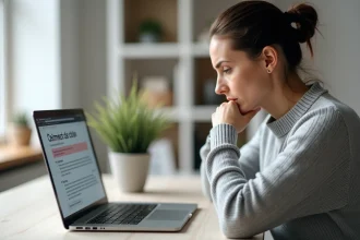 Femme frustrée devant son ordinateur portable tentant de valider son compte PIXID avec un message d'erreur à l'écran