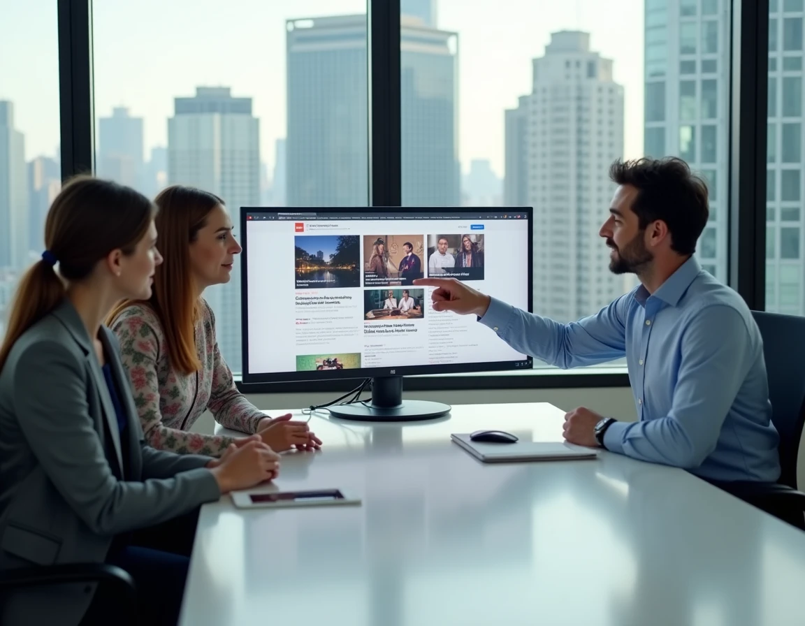 Équipe de professionnels analysant un site éditorial ensemble en salle de réunion dans le cadre d'une veille documentaire collective