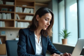 Professionnelle consultant un site éditorial sur son ordinateur portable dans un bureau moderne pour sa veille professionnelle