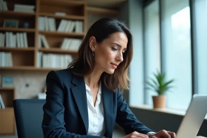Professionnelle consultant un site éditorial sur son ordinateur portable dans un bureau moderne pour sa veille professionnelle
