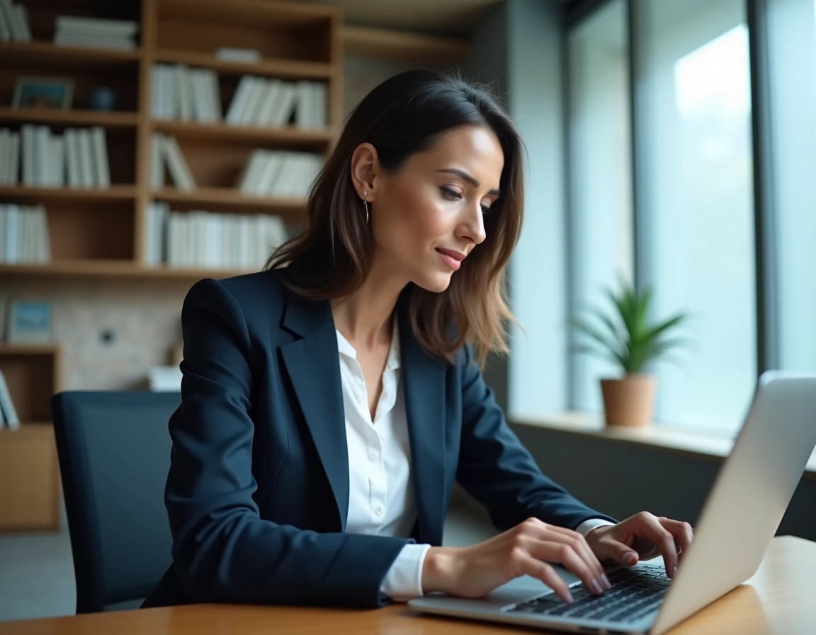 Professionnelle consultant un site éditorial sur son ordinateur portable dans un bureau moderne pour sa veille professionnelle