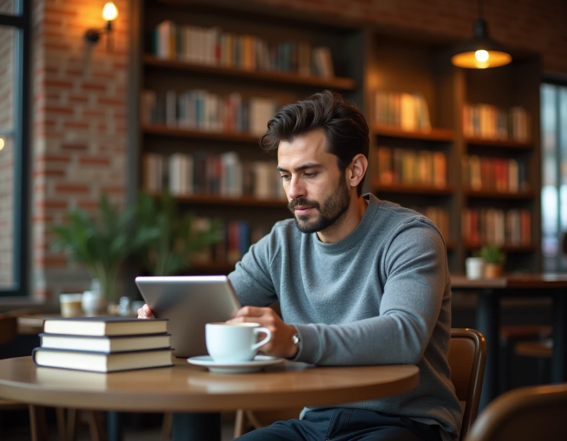 Homme consultant des ressources éditoriales sur une tablette dans un café librairie dans le cadre d'une routine de veille professionnelle