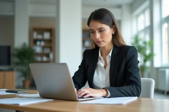 Femme professionnelle vérifiant l'existence d'une entreprise sur le répertoire Sirene depuis son ordinateur portable au bureau