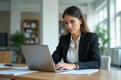 Femme professionnelle vérifiant l'existence d'une entreprise sur le répertoire Sirene depuis son ordinateur portable au bureau