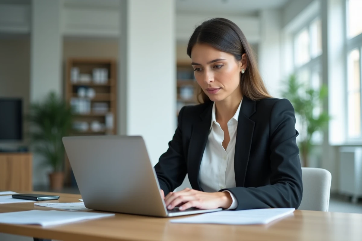 Femme professionnelle vérifiant l'existence d'une entreprise sur le répertoire Sirene depuis son ordinateur portable au bureau