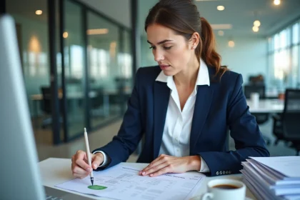 Femme cadre vérifiant des erreurs sur des bulletins de paie et des feuilles de calcul d'heures de travail au bureau